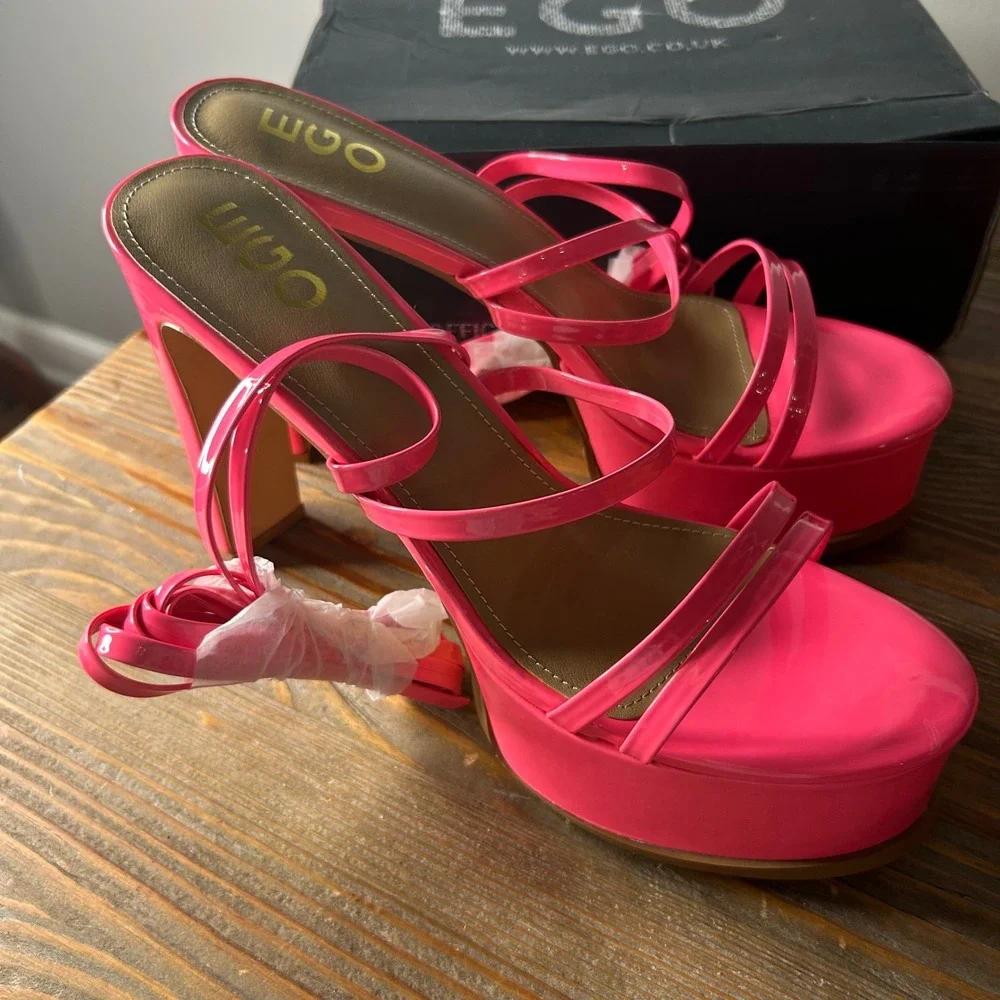 EGO Platform High‎ Heels Pink Strappy Tie Up Sandals Party Sexy Womens Shoes